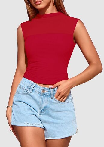Prettygarden Women's Women Mesh Tank Tops 2025 Summer Strendy Discual Dick Neck Olcyfeless Ruched Slim Fitted Out Out Out in Kuwait