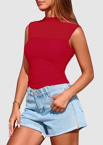 Prettygarden Women's Women Mesh Tank Tops 2025 Summer Strendy Discual Dick Neck Olcyfeless Ruched Slim Fitted Out Out Out in Kuwait