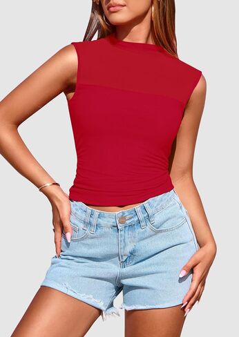 Prettygarden Women's Women Mesh Tank Tops 2025 Summer Strendy Discual Dick Neck Olcyfeless Ruched Slim Fitted Out Out Out in Kuwait