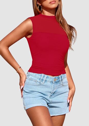 Prettygarden Women's Women Mesh Tank Tops 2025 Summer Strendy Discual Dick Neck Olcyfeless Ruched Slim Fitted Out Out Out in Kuwait