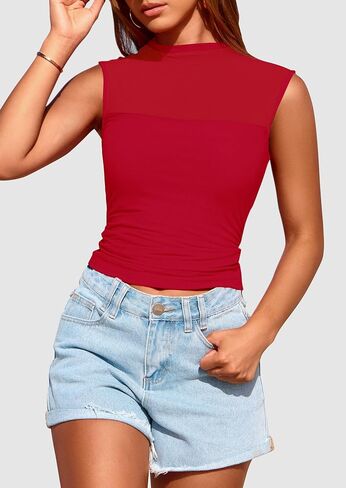 Prettygarden Women's Women Mesh Tank Tops 2025 Summer Strendy Discual Dick Neck Olcyfeless Ruched Slim Fitted Out Out Out in Kuwait