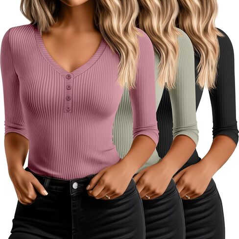Ficerd 3 Pack Women's 3/4 Sleeve Henley Shirts, Cotton V Neck Ribbed Knit Slim Fit Shirts Tight Basic Tee in Saudi Arabia