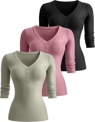 Ficerd 3 Pack Women's 3/4 Sleeve Henley Shirts, Cotton V Neck Ribbed Knit Slim Fit Shirts Tight Basic Tee in Saudi Arabia