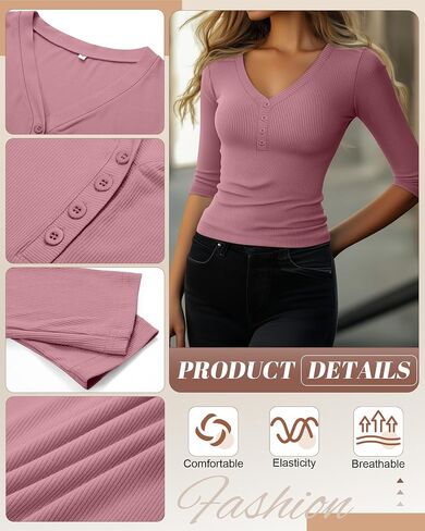 Ficerd 3 Pack Women's 3/4 Sleeve Henley Shirts, Cotton V Neck Ribbed Knit Slim Fit Shirts Tight Basic Tee in Saudi Arabia
