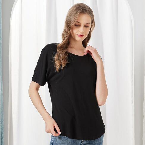 netdraw Women's Ultra Soft Bamboo Viscose Dolman Top Loose Fit Trendy Casual Lounge Short Sleeve Pajama Batwing T-Shirt in Kuwait