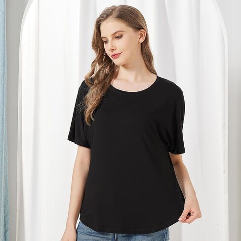 netdraw Women's Ultra Soft Bamboo Viscose Dolman Top Loose Fit Trendy Casual Lounge Short Sleeve Pajama Batwing T-Shirt in Kuwait