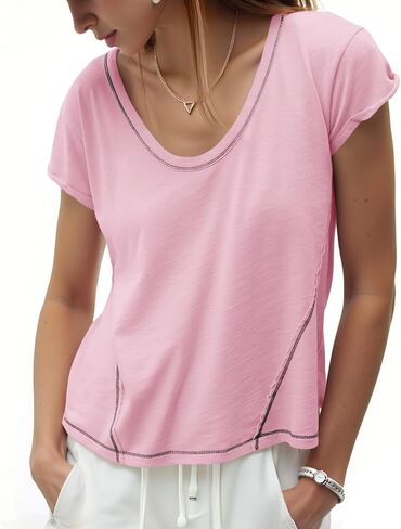 Cicy Bell Womens Cropped Scoop Neck Tshirts Summer Cap Short Sleeve Exposed Seam Tops Casual Loose Fit Cotton Tee Shirts in Kuwait