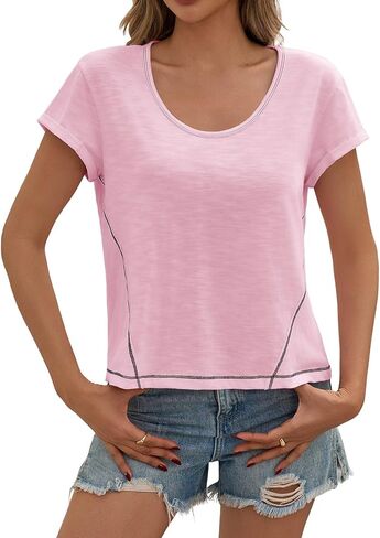 Cicy Bell Womens Cropped Scoop Neck Tshirts Summer Cap Short Sleeve Exposed Seam Tops Casual Loose Fit Cotton Tee Shirts in Kuwait