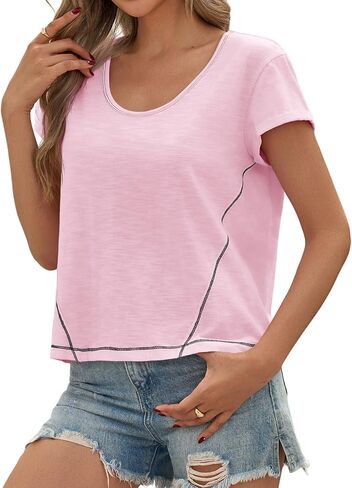 Cicy Bell Womens Cropped Scoop Neck Tshirts Summer Cap Short Sleeve Exposed Seam Tops Casual Loose Fit Cotton Tee Shirts in Kuwait