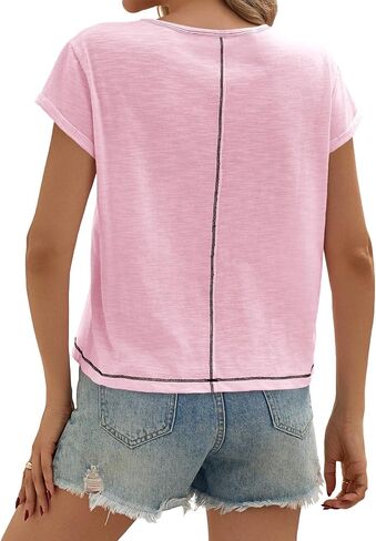 Cicy Bell Womens Cropped Scoop Neck Tshirts Summer Cap Short Sleeve Exposed Seam Tops Casual Loose Fit Cotton Tee Shirts in Kuwait