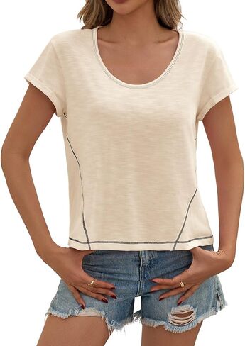 Cicy Bell Womens Cropped Scoop Neck Tshirts Summer Cap Short Sleeve Exposed Seam Tops Casual Loose Fit Cotton Tee Shirts in Saudi Arabia