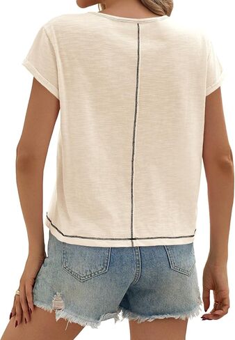 Cicy Bell Womens Cropped Scoop Neck Tshirts Summer Cap Short Sleeve Exposed Seam Tops Casual Loose Fit Cotton Tee Shirts in Saudi Arabia