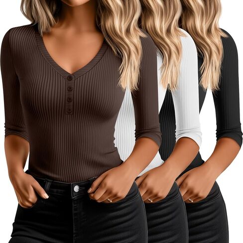 Ficerd 3 Pack Women's 3/4 Sleeve Henley Shirts, Cotton V Neck Ribbed Knit Slim Fit Shirts Tight Basic Tee in Saudi Arabia