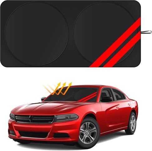 Windshield Sun Shade for Dodge Charger Challenger Durango Ram Accessories Universal Fit to All Dodge Cars Sunshade Foldable Sun Visor Protector Blocks UV Rays Keep Your Car Cooler (Red) in Kuwait
