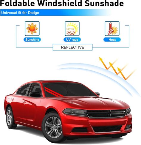 Windshield Sun Shade for Dodge Charger Challenger Durango Ram Accessories Universal Fit to All Dodge Cars Sunshade Foldable Sun Visor Protector Blocks UV Rays Keep Your Car Cooler (Red) in Kuwait