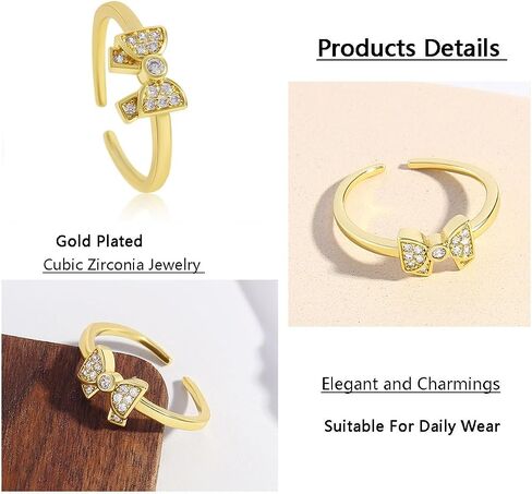 18K Gold Plated Bow Ring for Women Cubic Zirconia Bow Tie Adjustable Open Ring Statement Jewelry in Kuwait