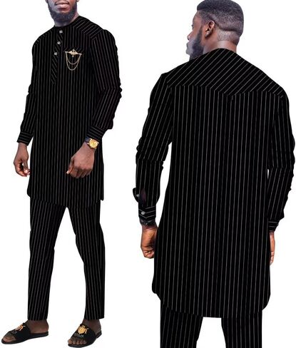 African Suit for Men Traditional Stripe Blazer and Pants 2 Piece Set Business Formal Dress Suit Party Wedding Evening in Saudi Arabia