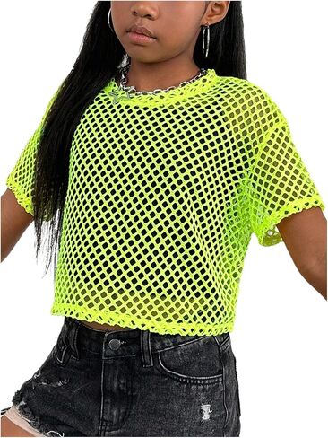 Floerns Girl's Knit Mesh Short Sleeve Y2k T Shirts Crew Neck Street Crop Tops in Saudi Arabia
