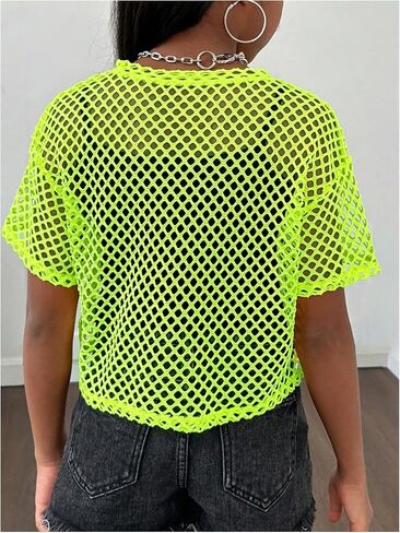 Floerns Girl's Knit Mesh Short Sleeve Y2k T Shirts Crew Neck Street Crop Tops in Saudi Arabia