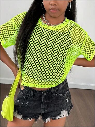 Floerns Girl's Knit Mesh Short Sleeve Y2k T Shirts Crew Neck Street Crop Tops in Saudi Arabia