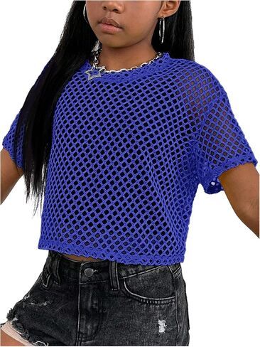 Floerns Girl's Knit Mesh Short Sleeve Y2k T Shirts Crew Neck Street Crop Tops in Saudi Arabia