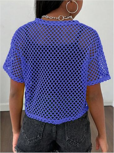 Floerns Girl's Knit Mesh Short Sleeve Y2k T Shirts Crew Neck Street Crop Tops in Saudi Arabia