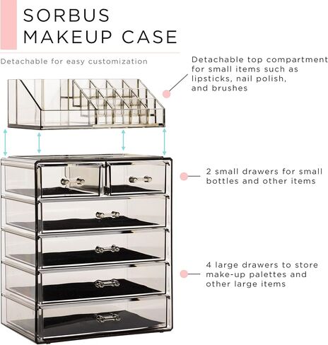 Sorbus Clear Cosmetic Makeup Organizer - Make Up & Jewelry Storage, Case & Display - Spacious Design - Great Holder for Dresser, Bathroom, Vanity & Countertop (4 Large, 2 Small Drawers-Black Jewel) in Saudi Arabia