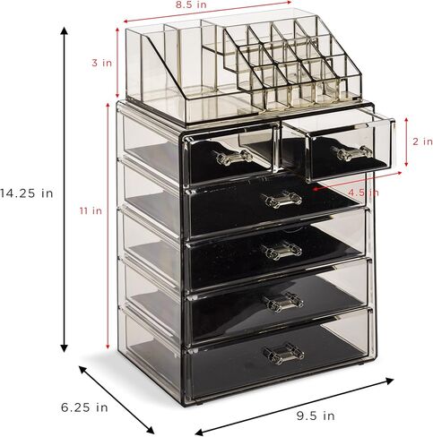 Sorbus Clear Cosmetic Makeup Organizer - Make Up & Jewelry Storage, Case & Display - Spacious Design - Great Holder for Dresser, Bathroom, Vanity & Countertop (4 Large, 2 Small Drawers-Black Jewel) in Saudi Arabia