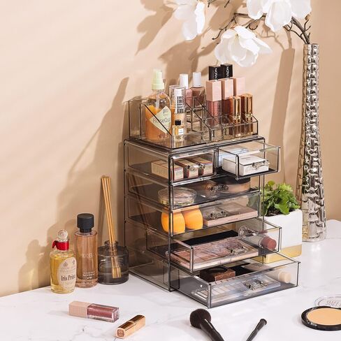 Sorbus Clear Cosmetic Makeup Organizer - Make Up & Jewelry Storage, Case & Display - Spacious Design - Great Holder for Dresser, Bathroom, Vanity & Countertop (4 Large, 2 Small Drawers-Black Jewel) in Saudi Arabia