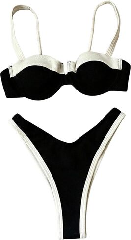 Makemechic Women's High Pherced Bikini مجموعة ألوان كتلة 2 قطعة ملابس السباحة بدلة السباحة in Kuwait