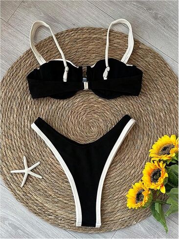 Makemechic Women's High Pherced Bikini مجموعة ألوان كتلة 2 قطعة ملابس السباحة بدلة السباحة in Kuwait