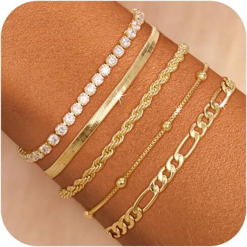 Gold Bracelets for Women Trendy, 14K Gold Plated Dainty Stackable Bracelet Stack Adjustable Beaded Tennis Paperclip Cuban Chain Link Layered Bracelet Jewelry Set Fashion Accessories Gifts for Women in Saudi Arabia