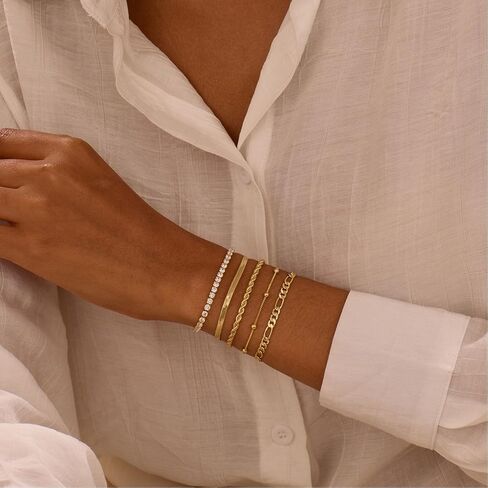 Gold Bracelets for Women Trendy, 14K Gold Plated Dainty Stackable Bracelet Stack Adjustable Beaded Tennis Paperclip Cuban Chain Link Layered Bracelet Jewelry Set Fashion Accessories Gifts for Women in Saudi Arabia