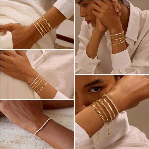 Gold Bracelets for Women Trendy, 14K Gold Plated Dainty Stackable Bracelet Stack Adjustable Beaded Tennis Paperclip Cuban Chain Link Layered Bracelet Jewelry Set Fashion Accessories Gifts for Women in Saudi Arabia