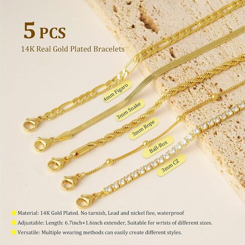 Gold Bracelets for Women Trendy, 14K Gold Plated Dainty Stackable Bracelet Stack Adjustable Beaded Tennis Paperclip Cuban Chain Link Layered Bracelet Jewelry Set Fashion Accessories Gifts for Women in Saudi Arabia