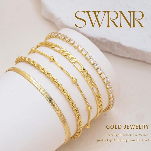 Gold Bracelets for Women Trendy, 14K Gold Plated Dainty Stackable Bracelet Stack Adjustable Beaded Tennis Paperclip Cuban Chain Link Layered Bracelet Jewelry Set Fashion Accessories Gifts for Women in Saudi Arabia
