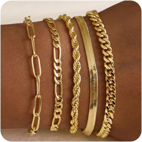 Gold Bracelets for Women Trendy, 14K Gold Plated Dainty Stackable Bracelet Stack Adjustable Beaded Tennis Paperclip Cuban Chain Link Layered Bracelet Jewelry Set Fashion Accessories Gifts for Women in Saudi Arabia