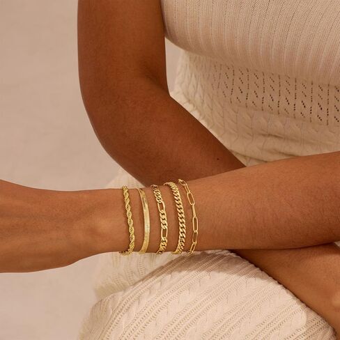 Gold Bracelets for Women Trendy, 14K Gold Plated Dainty Stackable Bracelet Stack Adjustable Beaded Tennis Paperclip Cuban Chain Link Layered Bracelet Jewelry Set Fashion Accessories Gifts for Women in Saudi Arabia