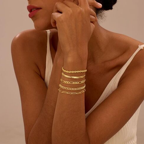 Gold Bracelets for Women Trendy, 14K Gold Plated Dainty Stackable Bracelet Stack Adjustable Beaded Tennis Paperclip Cuban Chain Link Layered Bracelet Jewelry Set Fashion Accessories Gifts for Women in Saudi Arabia
