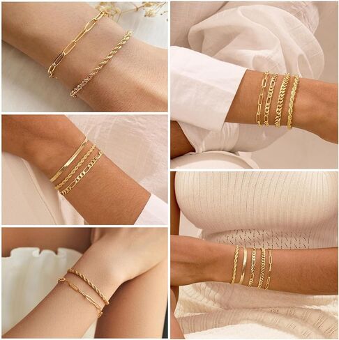 Gold Bracelets for Women Trendy, 14K Gold Plated Dainty Stackable Bracelet Stack Adjustable Beaded Tennis Paperclip Cuban Chain Link Layered Bracelet Jewelry Set Fashion Accessories Gifts for Women in Saudi Arabia