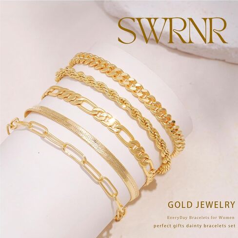 Gold Bracelets for Women Trendy, 14K Gold Plated Dainty Stackable Bracelet Stack Adjustable Beaded Tennis Paperclip Cuban Chain Link Layered Bracelet Jewelry Set Fashion Accessories Gifts for Women in Saudi Arabia