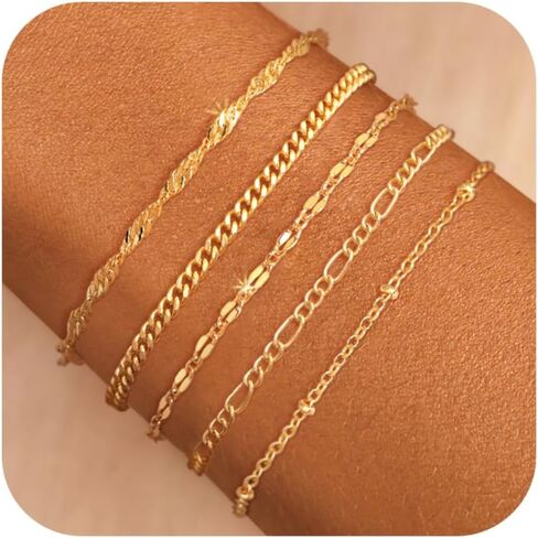 Gold Bracelets for Women Trendy, 14K Gold Plated Dainty Stackable Bracelet Stack Adjustable Beaded Tennis Paperclip Cuban Chain Link Layered Bracelet Jewelry Set Fashion Accessories Gifts for Women in Saudi Arabia
