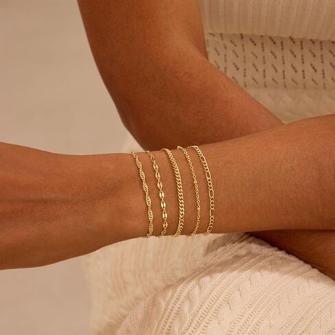 Gold Bracelets for Women Trendy, 14K Gold Plated Dainty Stackable Bracelet Stack Adjustable Beaded Tennis Paperclip Cuban Chain Link Layered Bracelet Jewelry Set Fashion Accessories Gifts for Women in Saudi Arabia