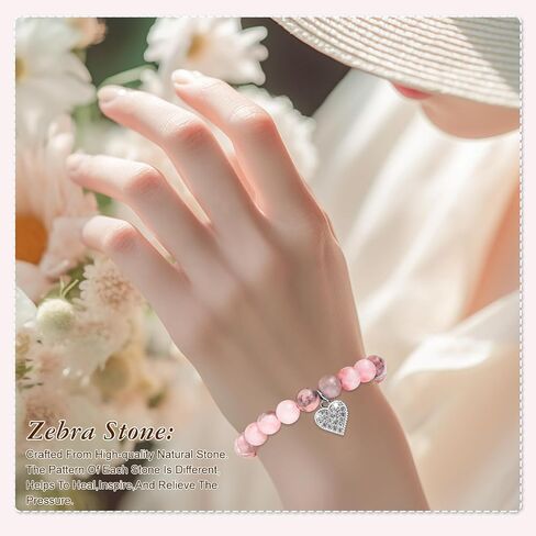 AULEEP Beaded Bracelets for Women, Inspirational Healing Stones Energy Heart Charm, Pink Crystal Bracelet 8mm Natural Stone, Birthday Gifts for Mom Daughter Friend Girlfriend Teacher Cowrker in Kuwait