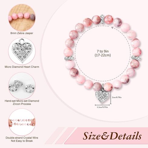 AULEEP Beaded Bracelets for Women, Inspirational Healing Stones Energy Heart Charm, Pink Crystal Bracelet 8mm Natural Stone, Birthday Gifts for Mom Daughter Friend Girlfriend Teacher Cowrker in Kuwait