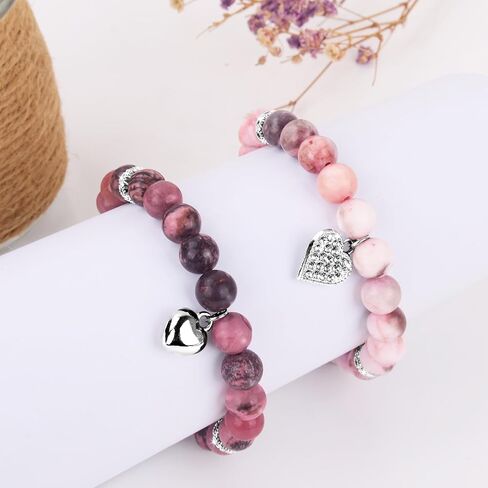 AULEEP Beaded Bracelets for Women, Inspirational Healing Stones Energy Heart Charm, Pink Crystal Bracelet 8mm Natural Stone, Birthday Gifts for Mom Daughter Friend Girlfriend Teacher Cowrker in Kuwait