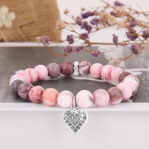 AULEEP Beaded Bracelets for Women, Inspirational Healing Stones Energy Heart Charm, Pink Crystal Bracelet 8mm Natural Stone, Birthday Gifts for Mom Daughter Friend Girlfriend Teacher Cowrker in Kuwait