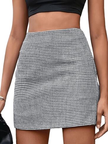MakeMechic Women's Houndstooth Mini Mini Skirt High Weist Zipper Elegant Bodycon Short in Saudi Arabia
