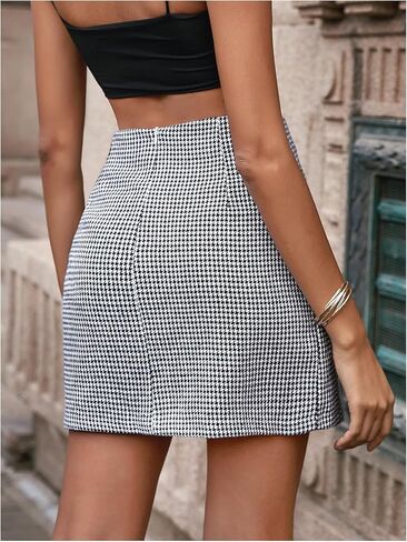 MakeMechic Women's Houndstooth Mini Mini Skirt High Weist Zipper Elegant Bodycon Short in Saudi Arabia