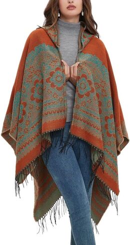 Women's Vintage Pattern Open Front Hooded Poncho Cape Shawl Winter Shawl Wraps in Saudi Arabia